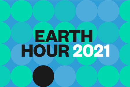 23 green circles and one black circle on a blue background with text saying 'Earth Hour 2021'
