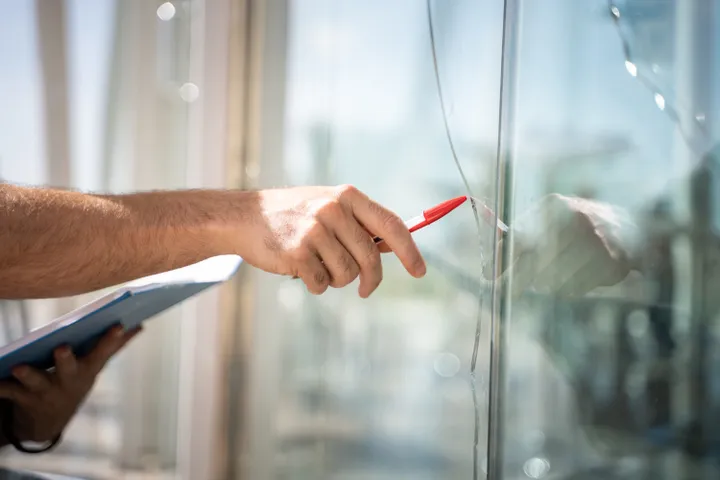 assureur pointant une vitre fissurée