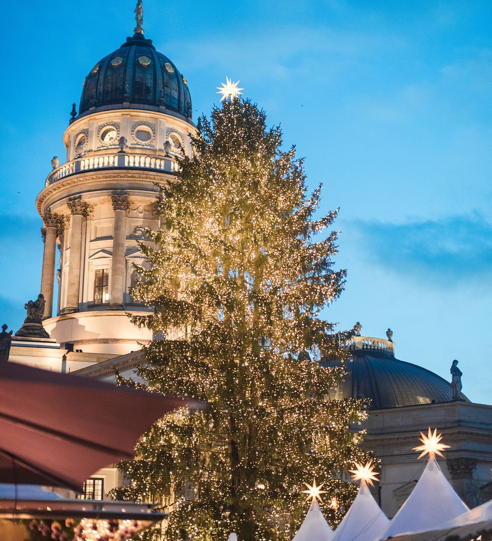 decorated christmas tree with lights and berlin city in background