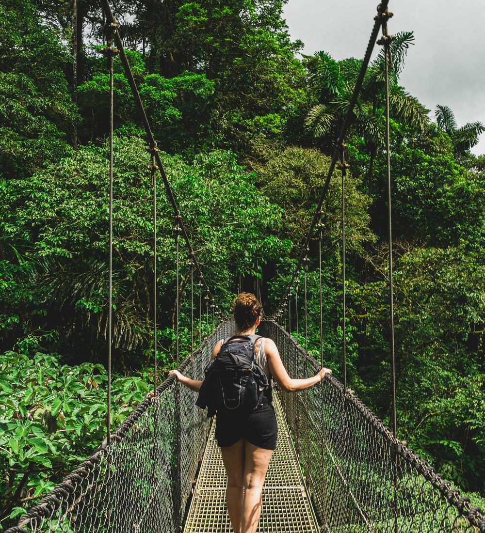 a woman walking on a hanging bridge in a rainforest in costa rica