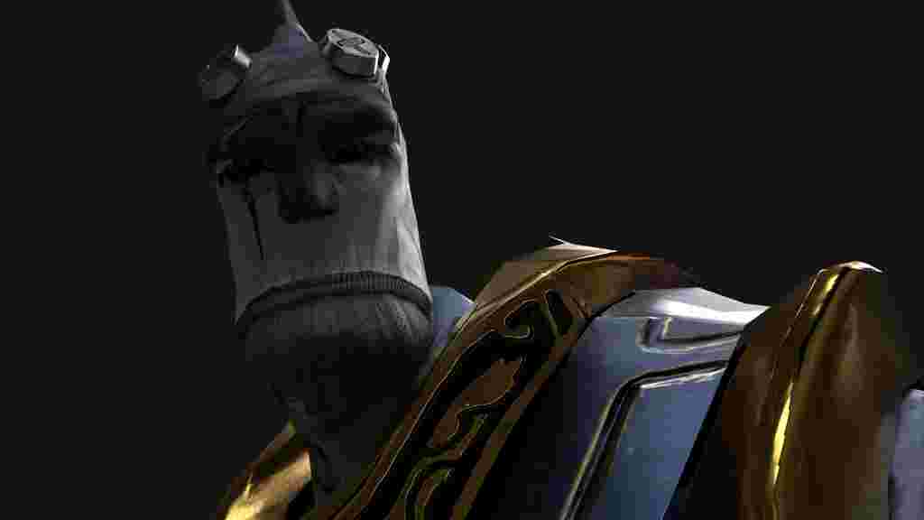 Close up of an animated character wearing blue and gold armour