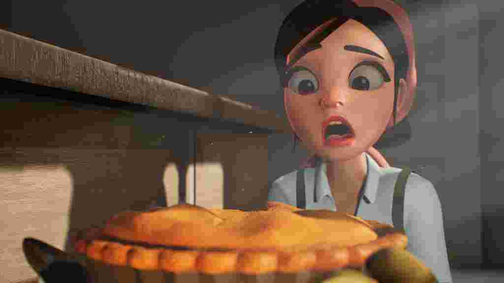 Animated character looking distressed whilst cooking a pie