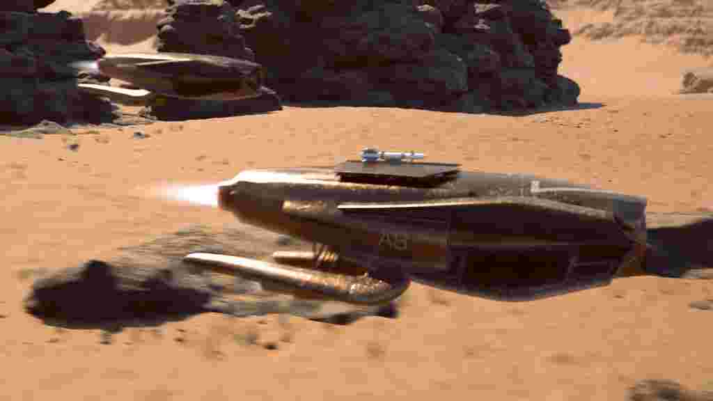 Two spaceships travelling through a dessert 
