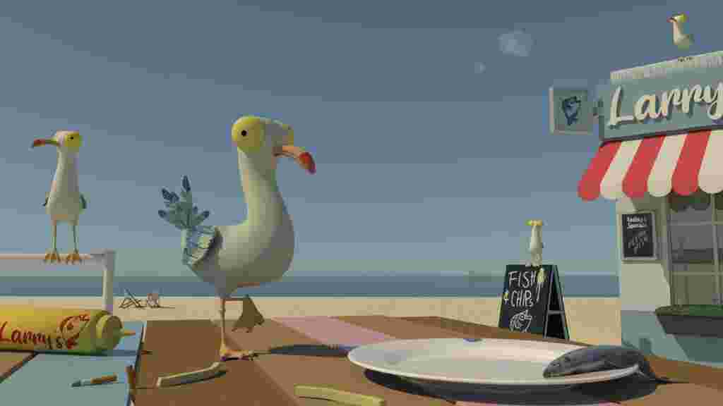Animated seagull on the beach by a fish and chips shop