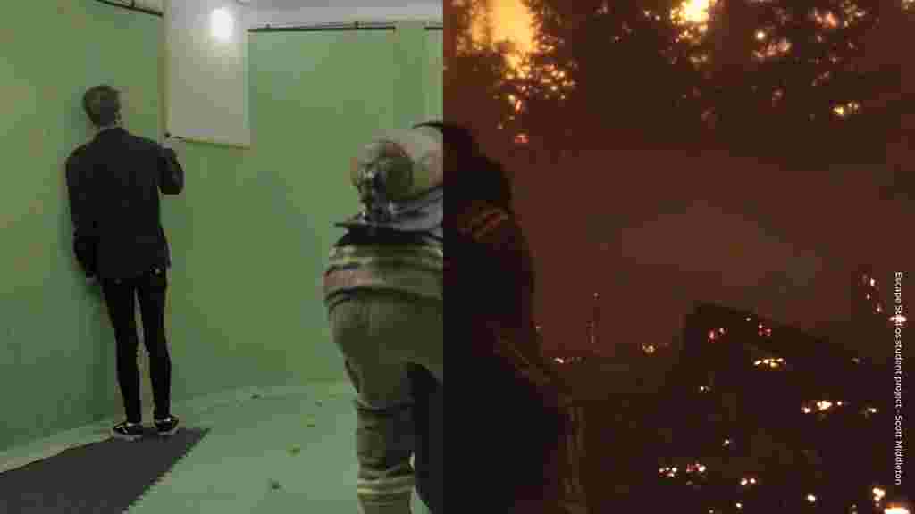 a split screen shows a before and after of a scene being created on a green screen using vfx,  where a fireman drags a body out of a forest fire,