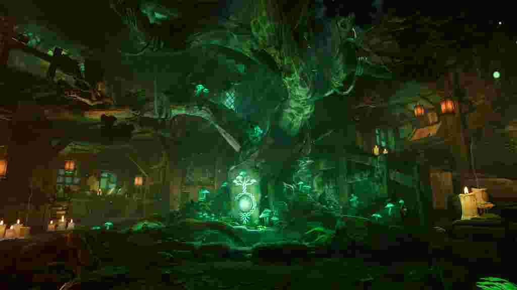 A green glowing tombstone beneath a green tree