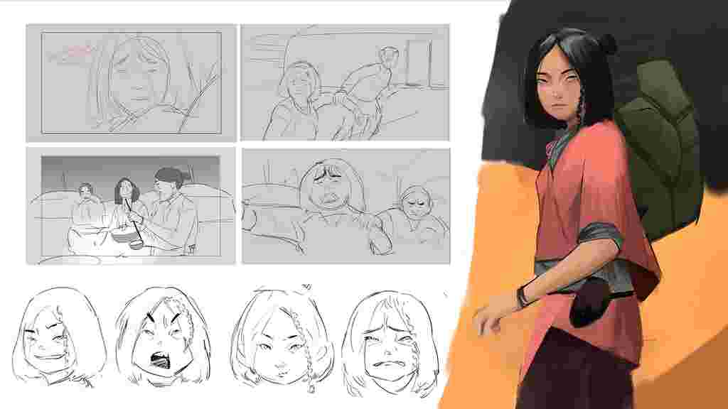 Storyboarding sketch of a female character with a green backpack