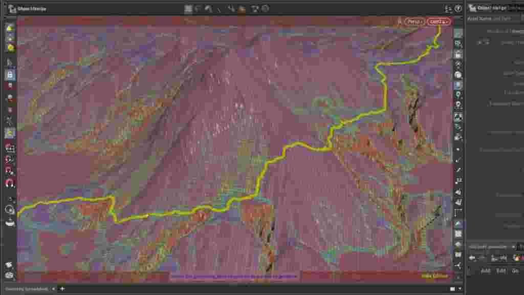A screenshot of a vehicle's path being mapped across a hilly landscape using houdini software