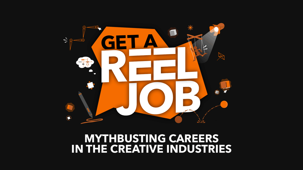 Get a reel job logo on a black background