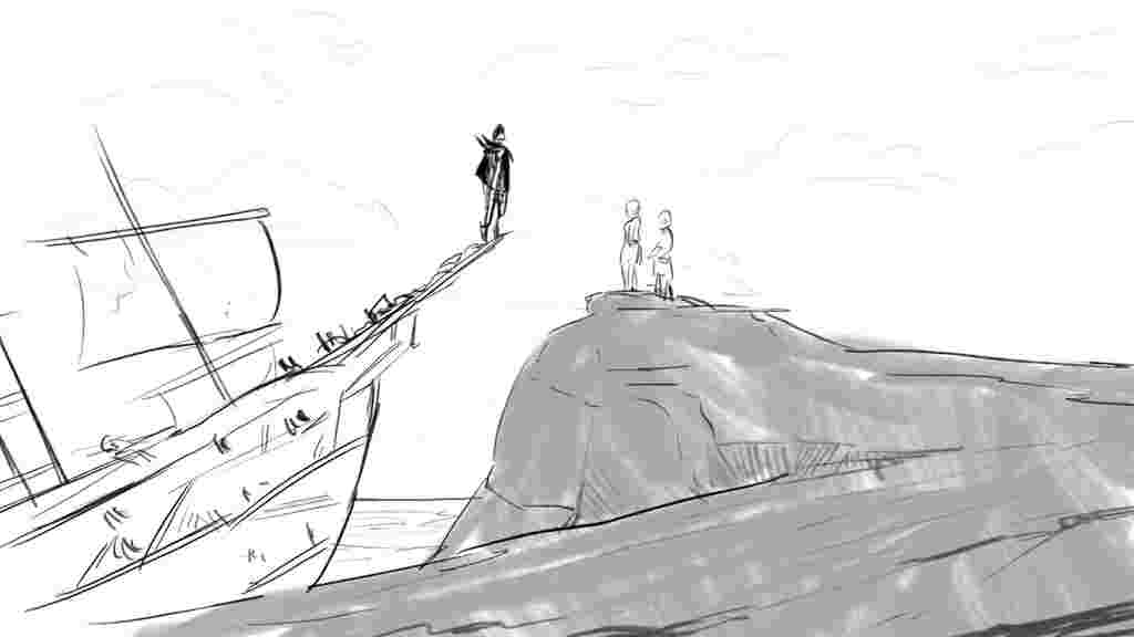 Storyboarding sketch of a two people stood on top of a mountain looking out to sea
