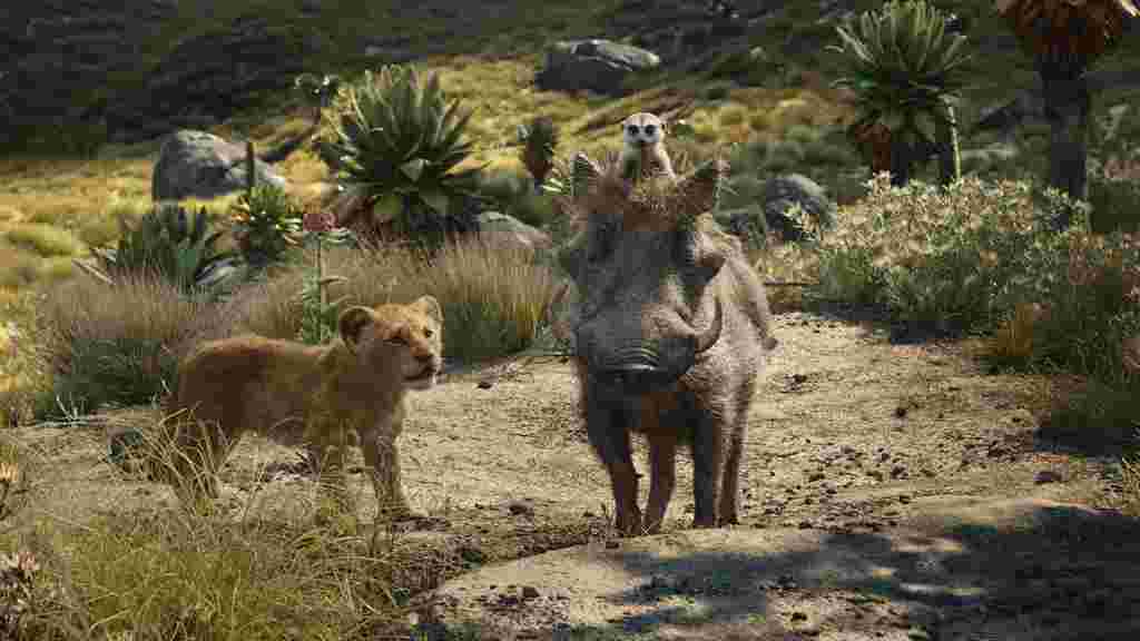 Animated lion cub, warthog and meerkat in the jungle