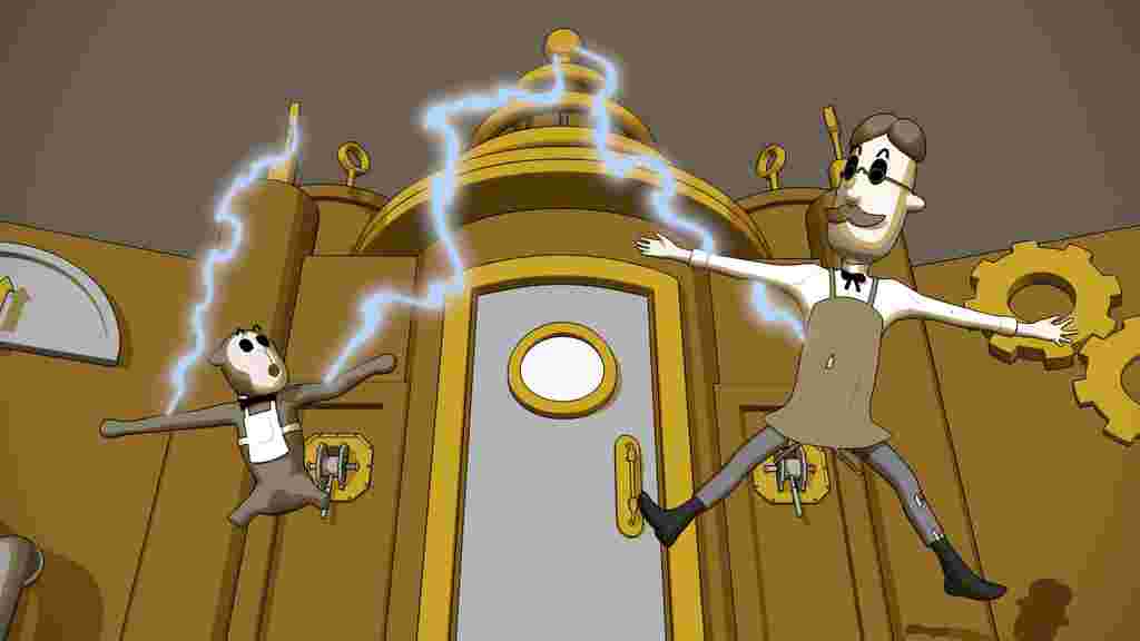 A cartoon professor and monkey being electrocuted 