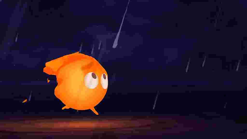 A large orange flame walking with eyes on a black background