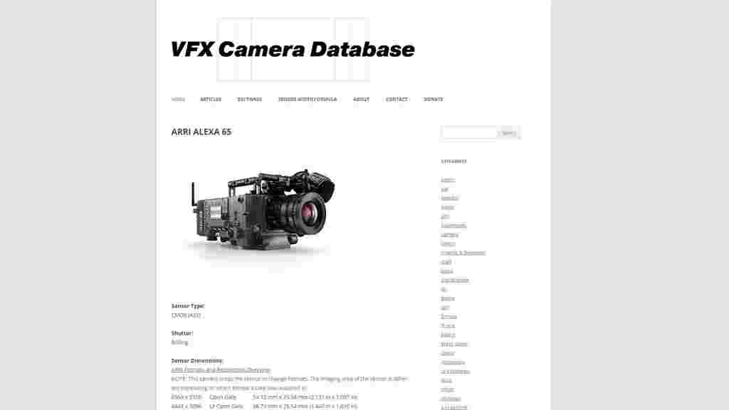 a screenshot taken from the website VFX camera database