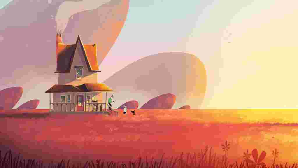 A cartoon house bathed in sunlight