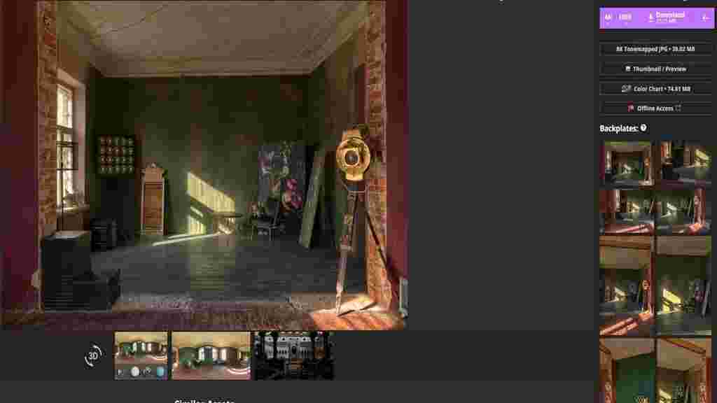 A screenshot showing a CG room with furniture, taken from the website Poly Haven