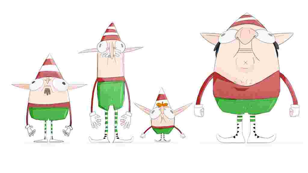 Sketches of four Christmas elves