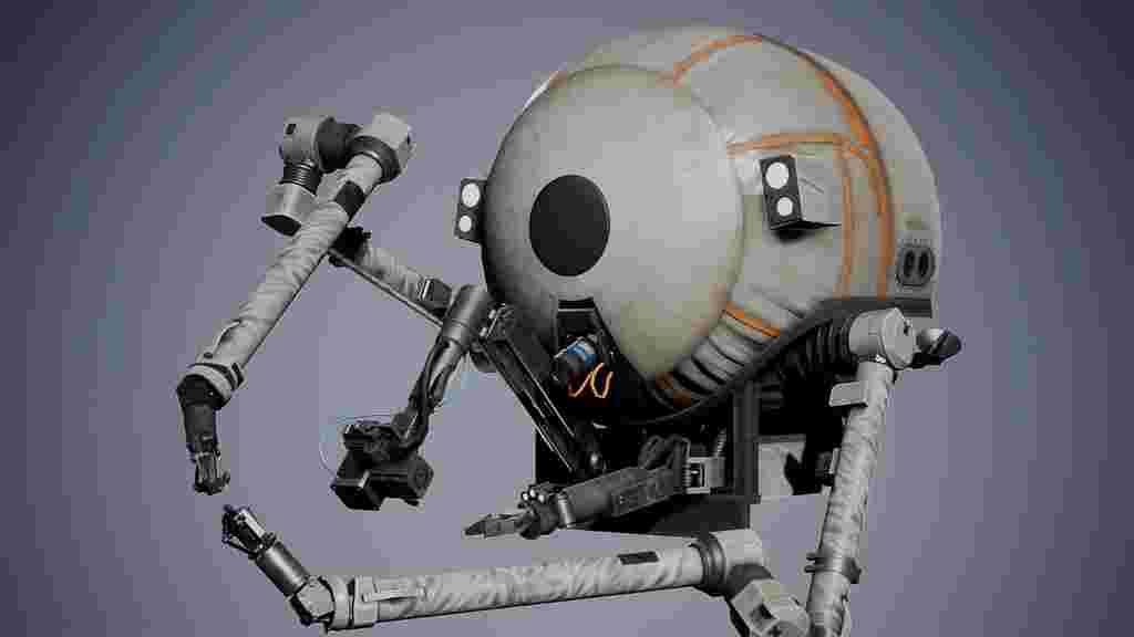 A white spherical droid with long arms on a grey background