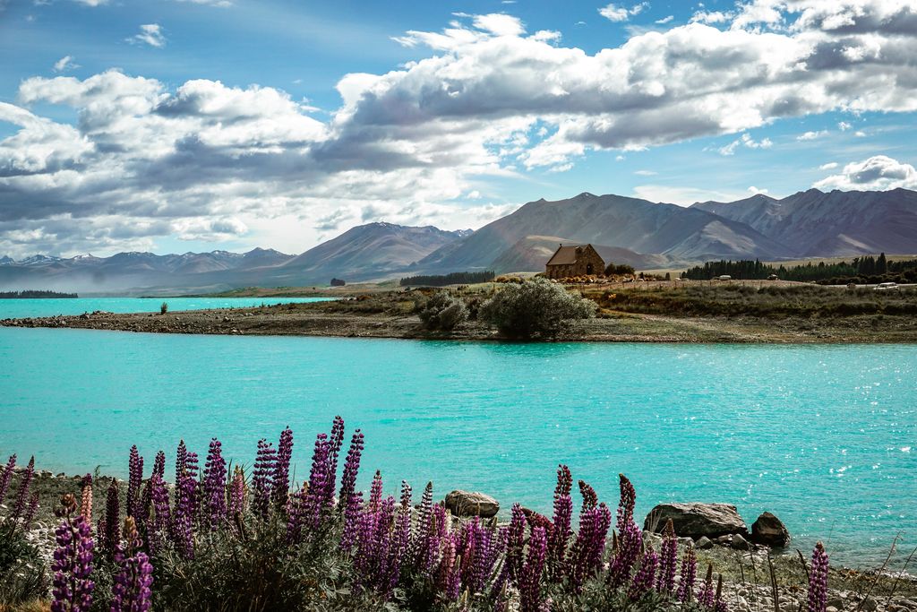 Lake Tekapo with the Church of the Good Shepherd in the distance