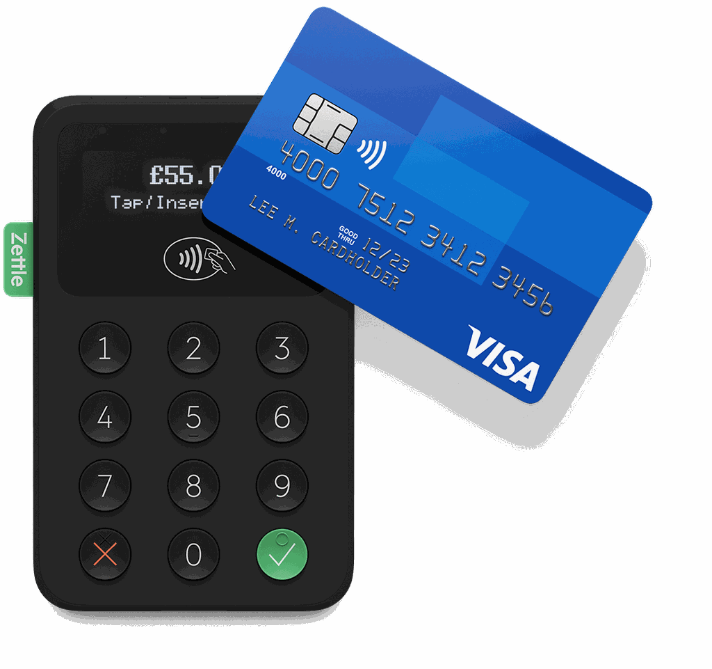 A Zettle contactless card reader in black colour option accepting a card payment