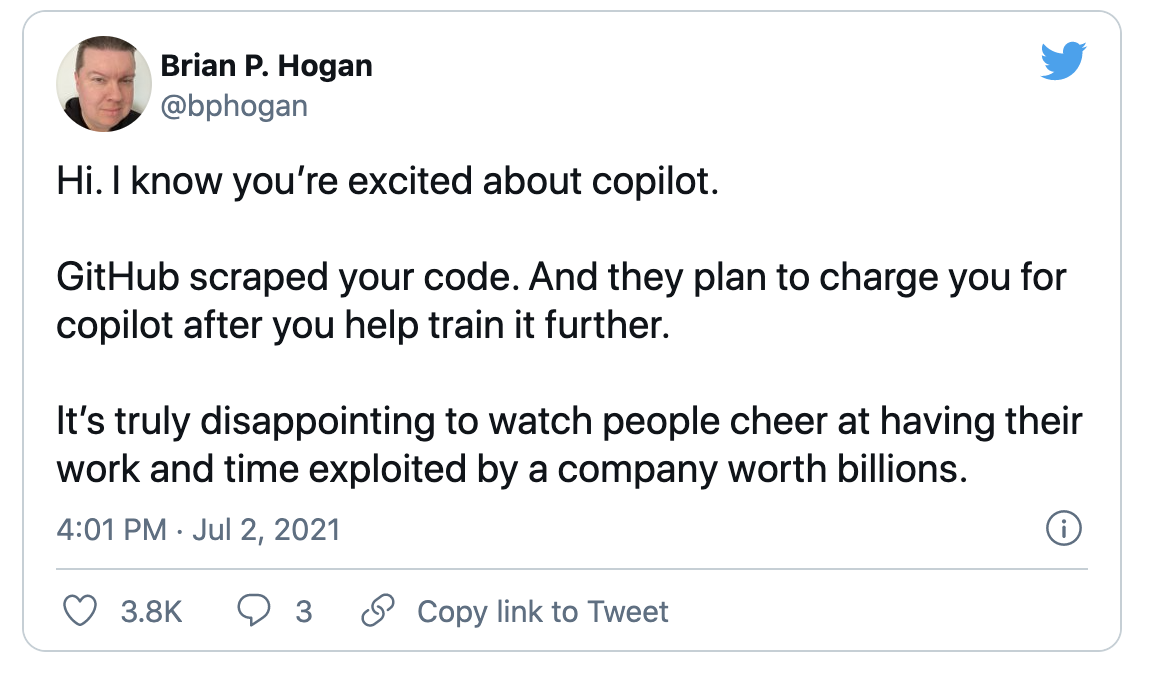 A Tweet that talks about the limitations of GitHub Copilot 