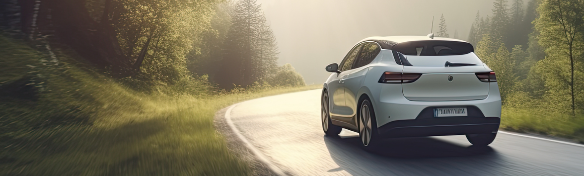 A white car driving on a winding road through a lush, sunlit forest with trees on both sides.