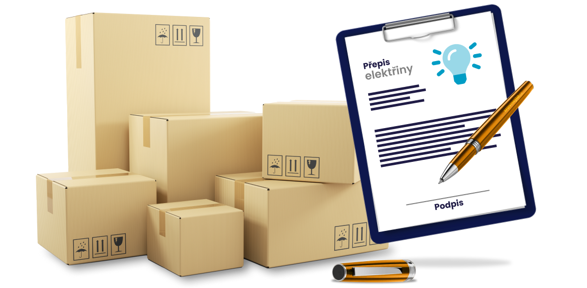 Přepis elektřiny při stěhování - krabice a desky s dokumenty