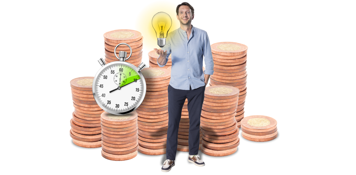 Co jsou rychlé půjčky - Tomáš Srovnaný, mince v komínkách, stopky, rozsvícená žárovka 