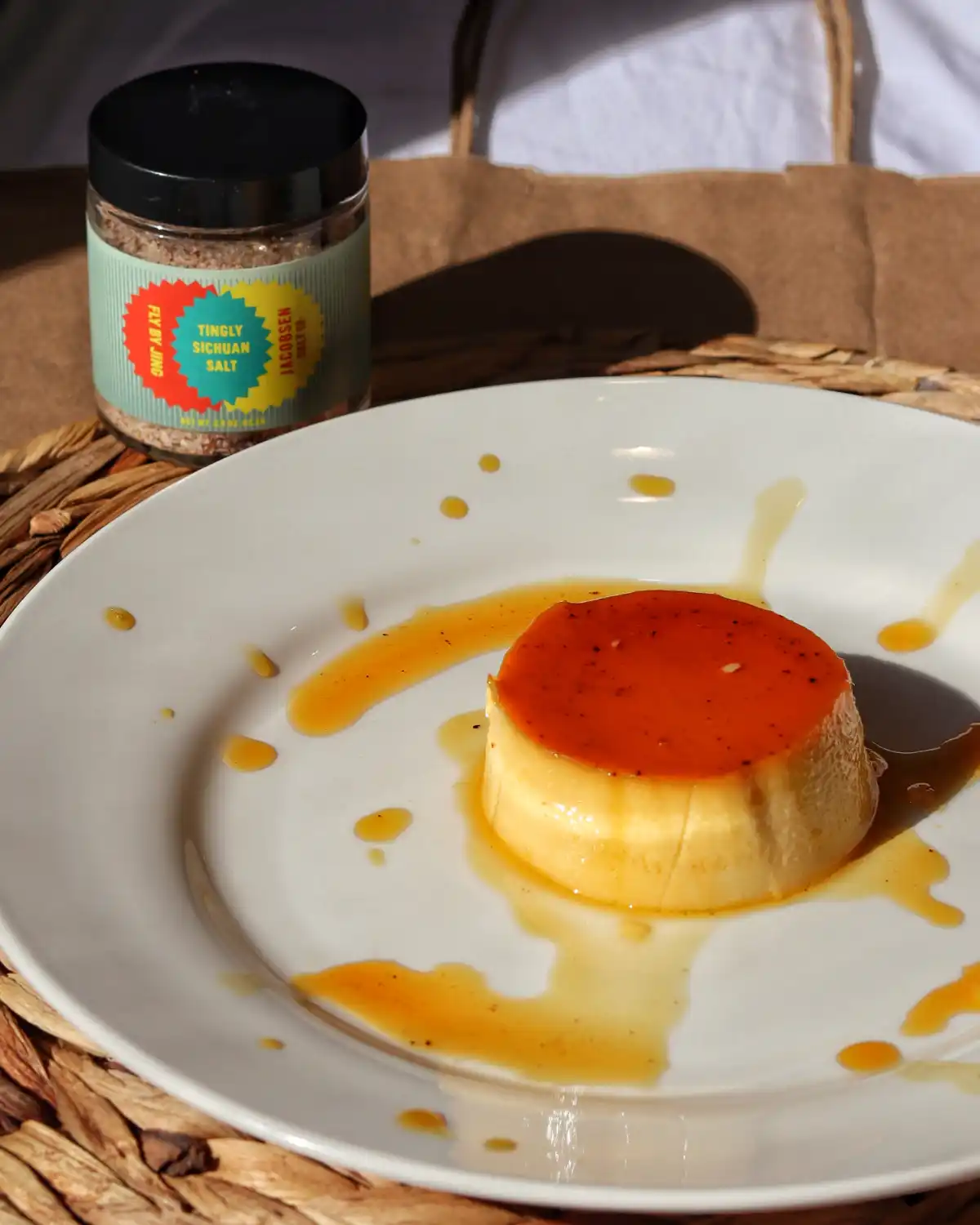 Salted creme caramel on a plate, featuring Sichuan Tingly Salt