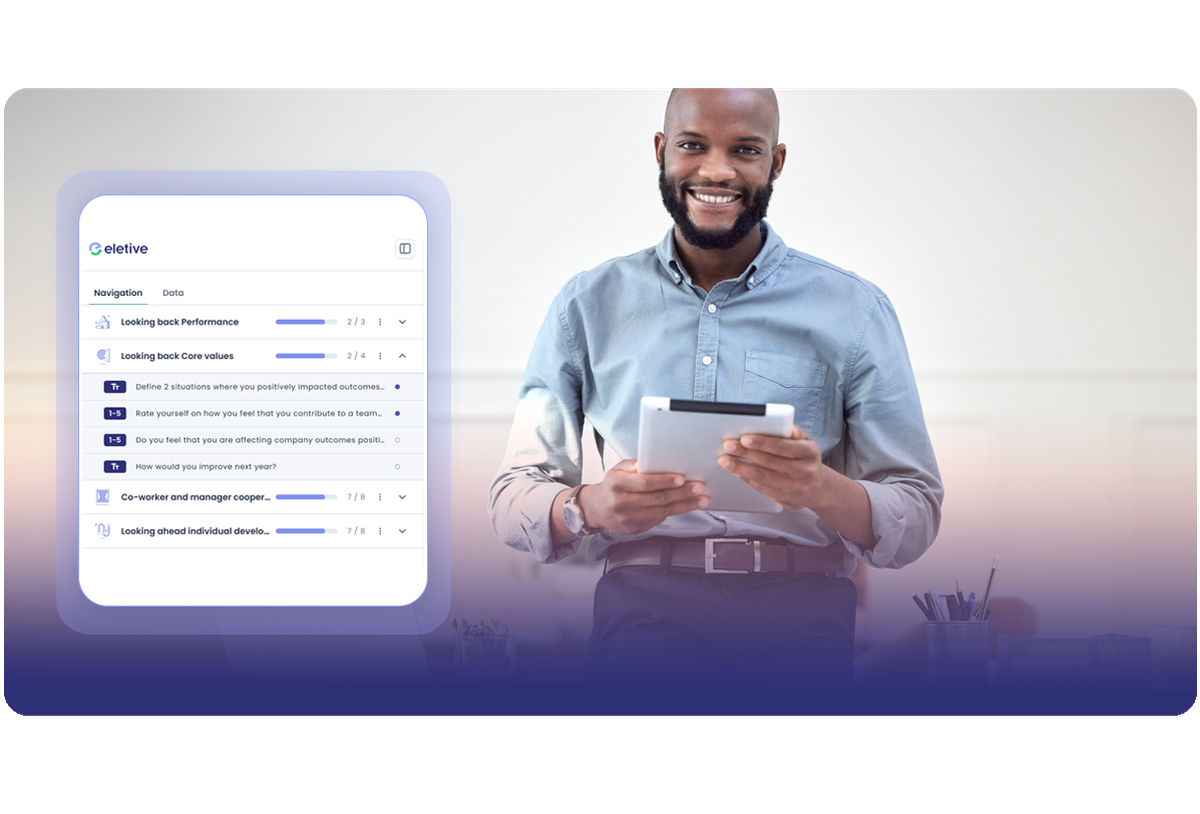 Smiling man holding a tablet, with a digital dashboard on the left showing performance and values metrics.