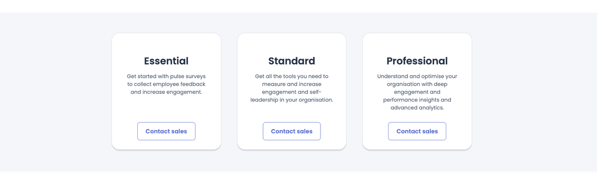 Three service plans: Essential, Standard, and Professional, each offering varying levels of organizational engagement tools. Options to contact sales.
