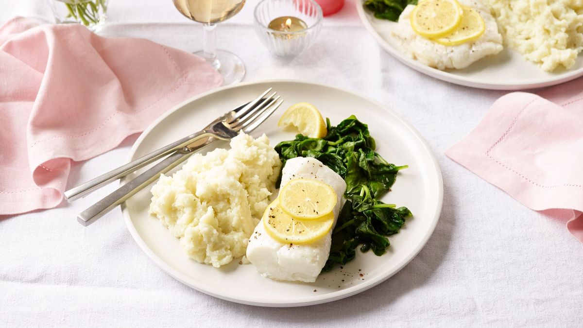 Date Night Cod with Roasted Garlic Mash and Lemon Spinach – Featured