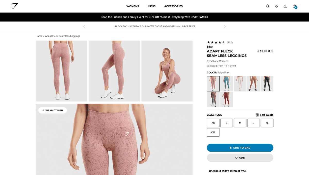 Gymshark product detail page (PDP)