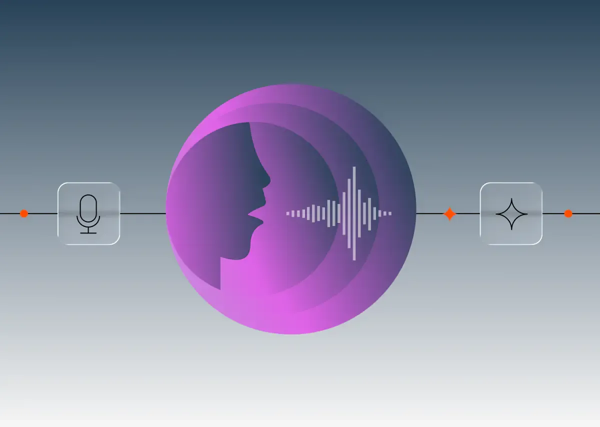 Purple gradient orb with central voice waveform illustrating spoken voice strategy for AI agents and smart devices.