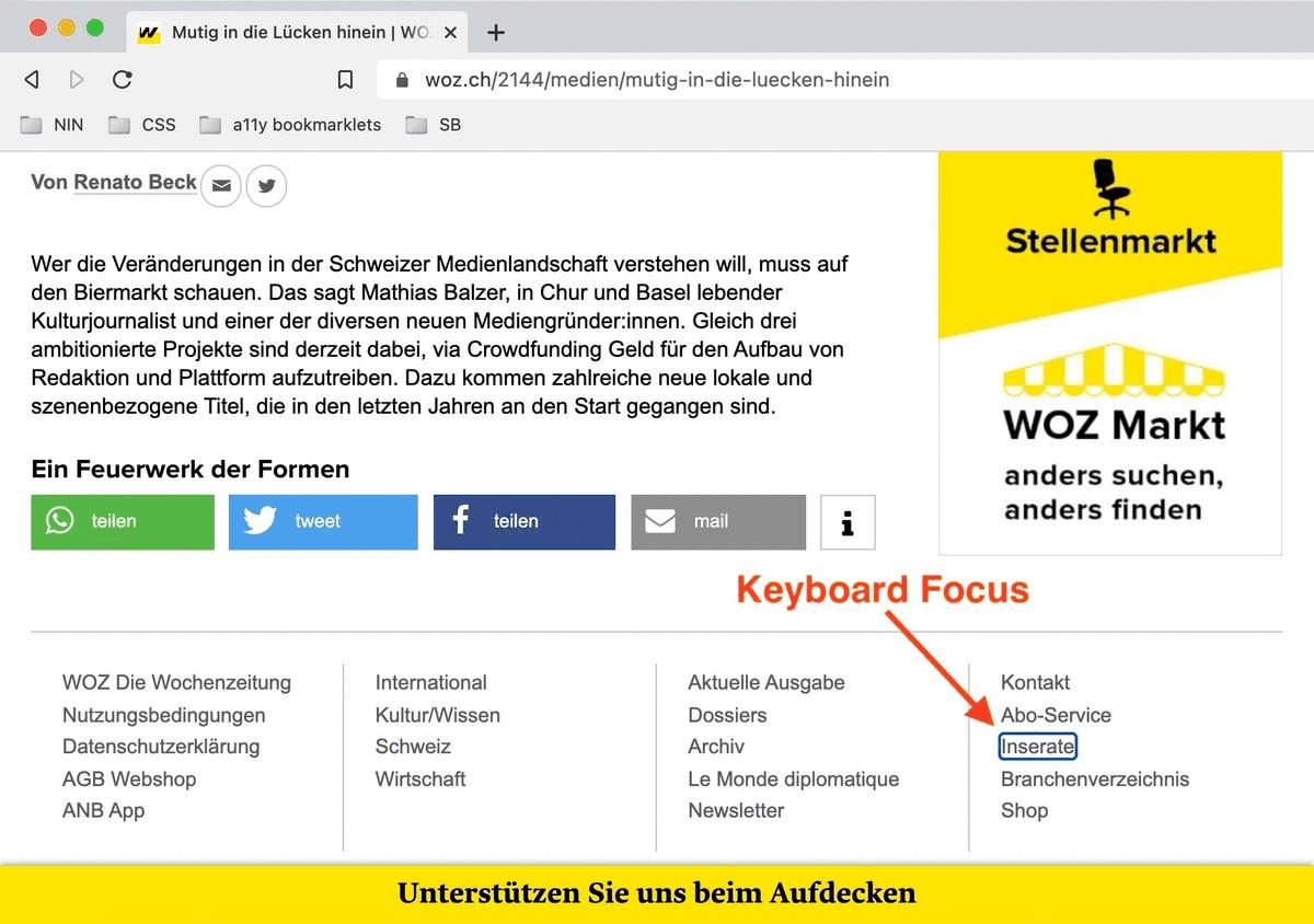 GIF das zeigt, wie die Keyboard-Navigaton der WOZ-Website nicht funktioniert