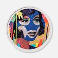 circular pop art print of a female portrait with patterned background and partially blue face