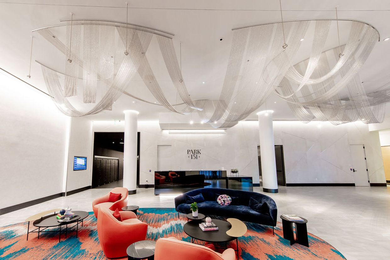 The ceiling sculpture "Cascade" installed at DivcoWest and CBT's Park 151 residential building in Cambridge Crossing