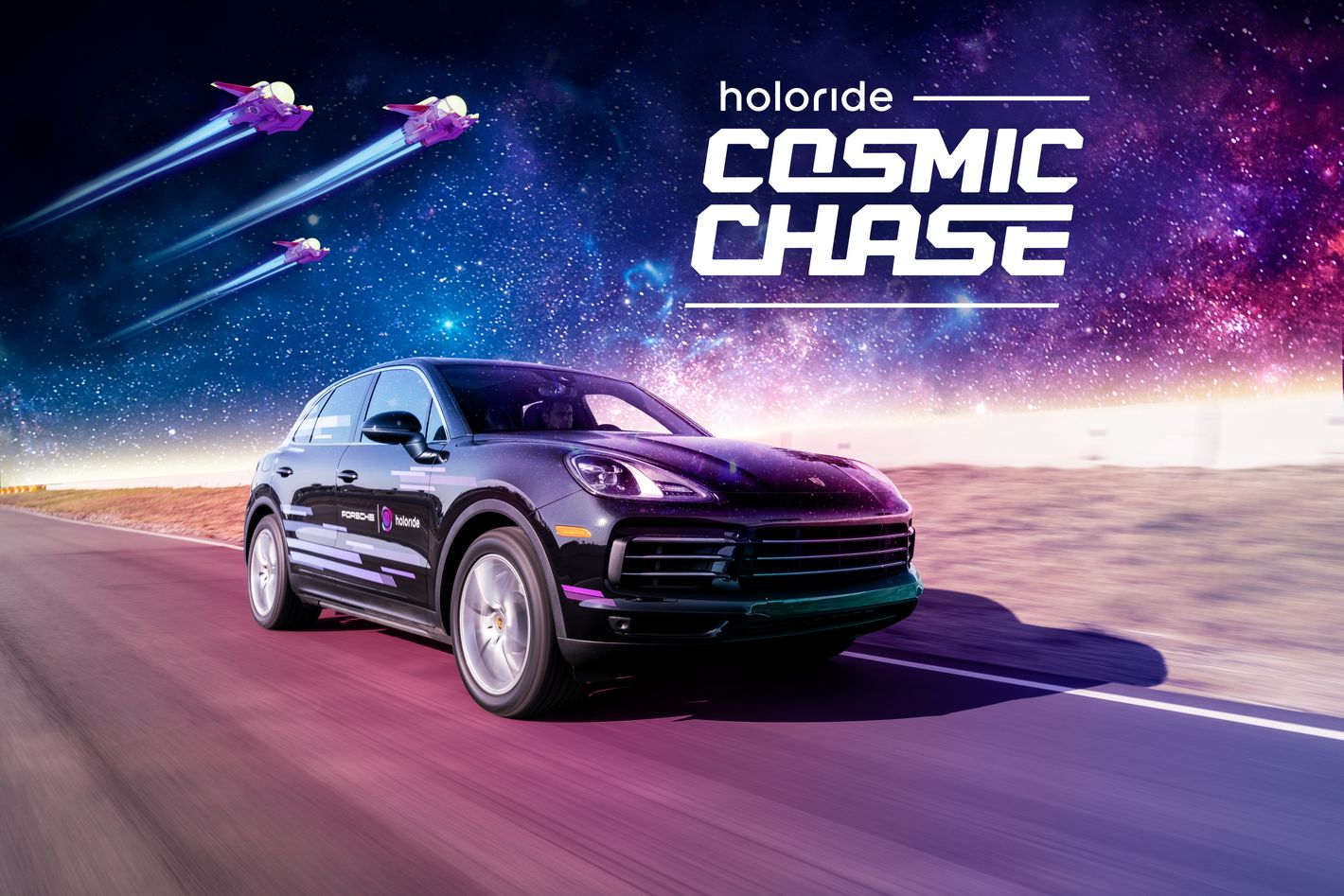 Porsche Cayenne with holoride branding, driving around and playing Cosmic Chase game