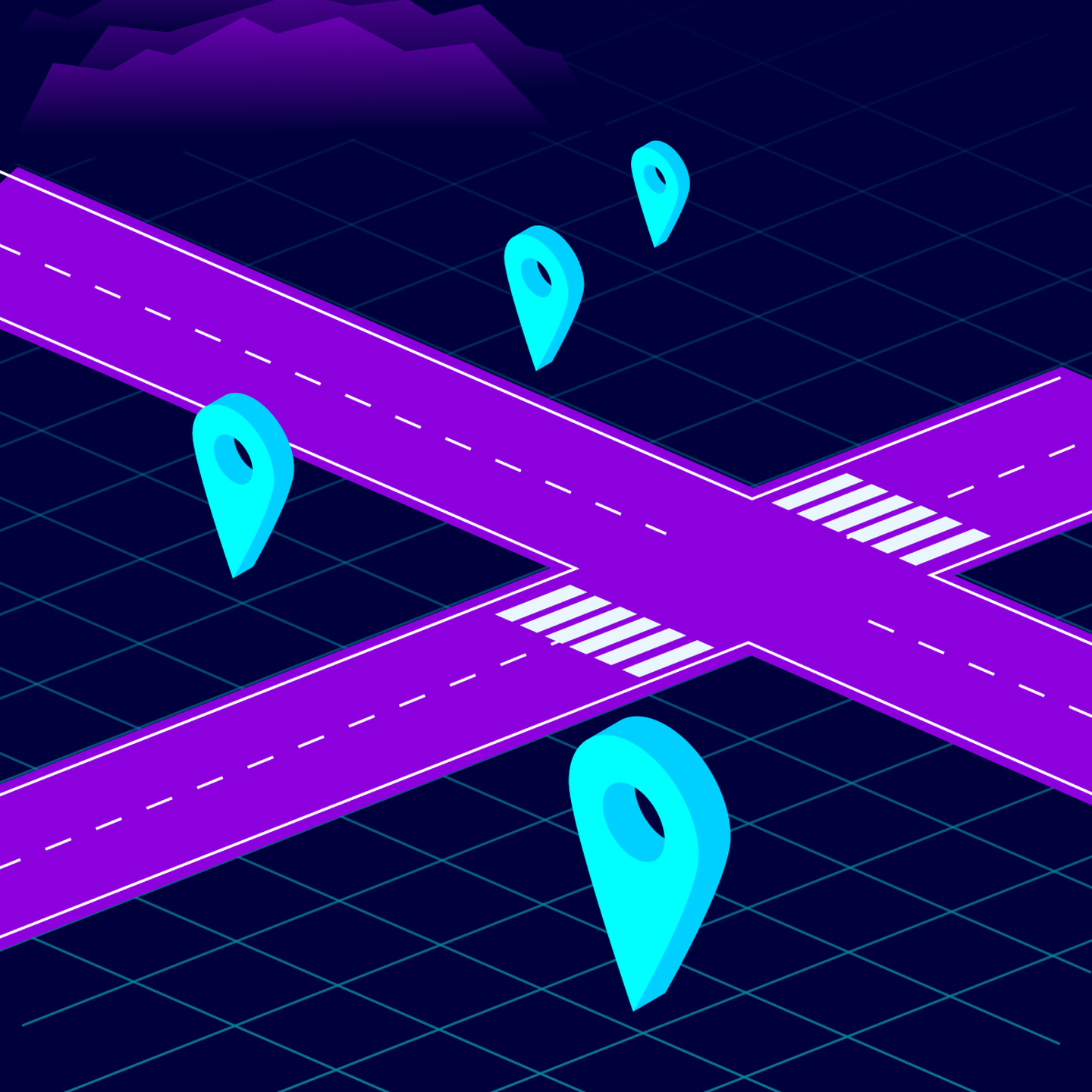 Graphic of a purple street with blue pin points