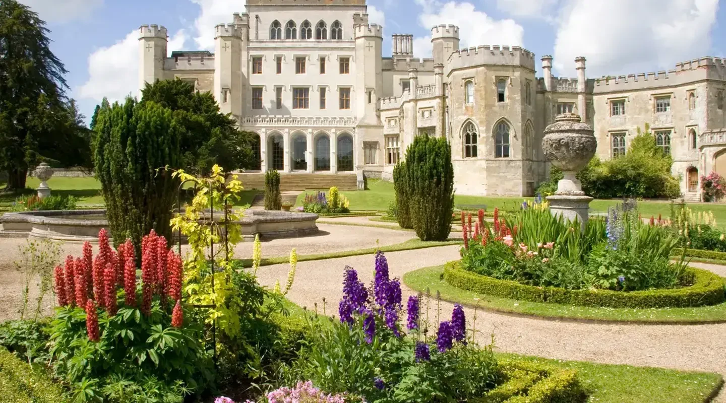 Spring flowers bloom in the Italian gardens with Ashridge House in the background