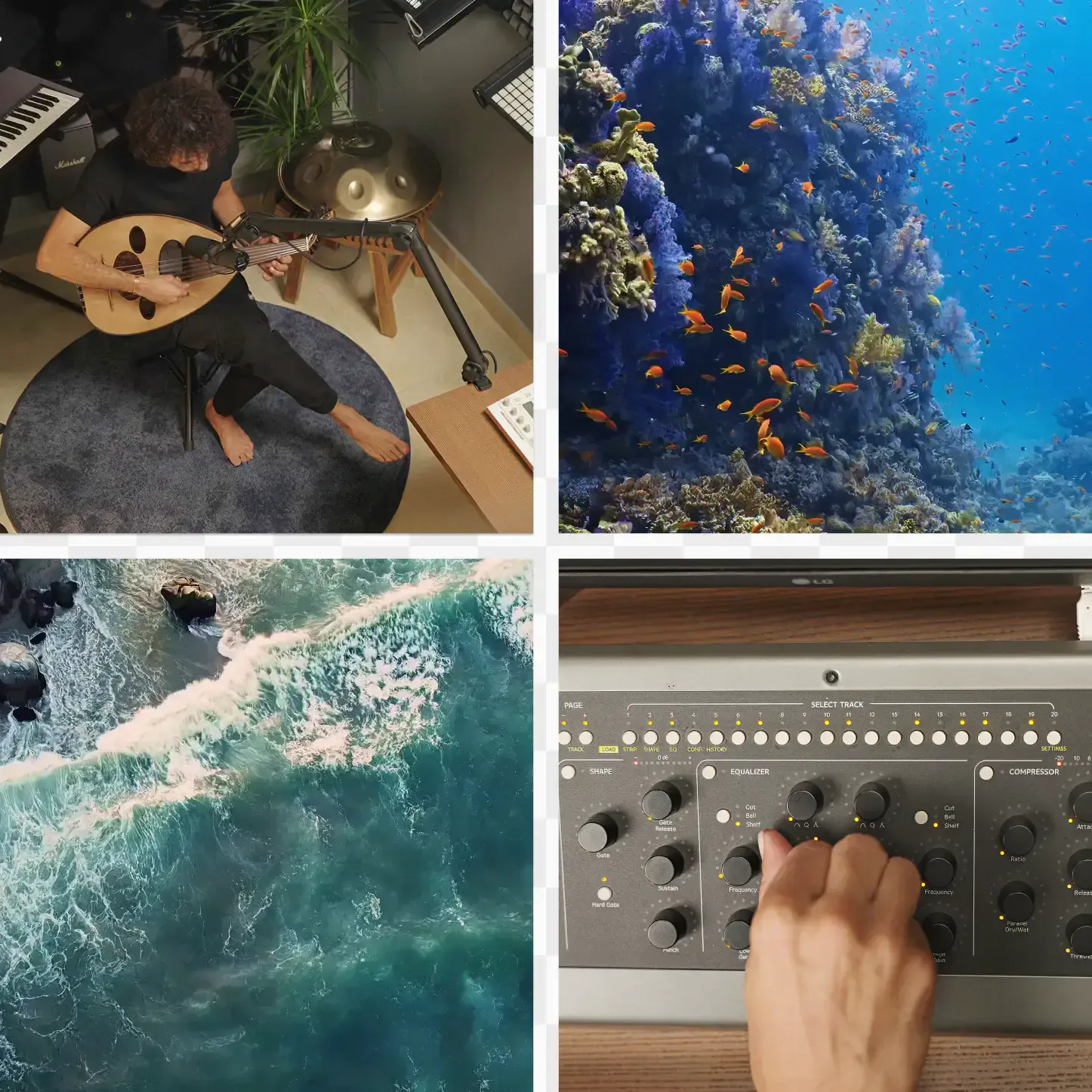 Collage of Aroya cruise lifestyle scenes including dining, coral reef and ocean waves, Sound of Aroya