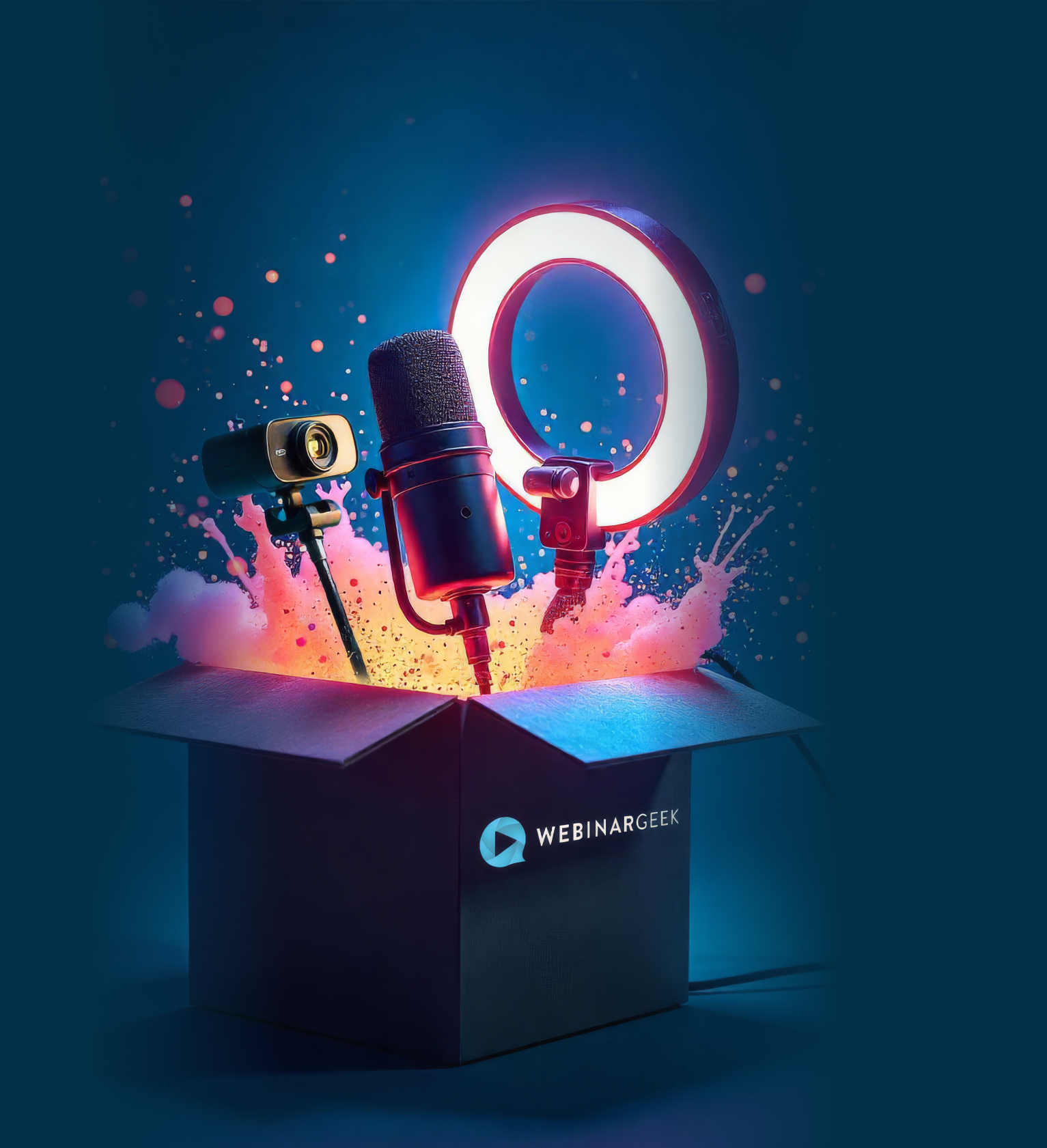 A box with a webcam, microphone and ringlight
