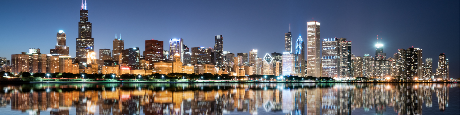 Chicago night skyline across Lake Michigan
