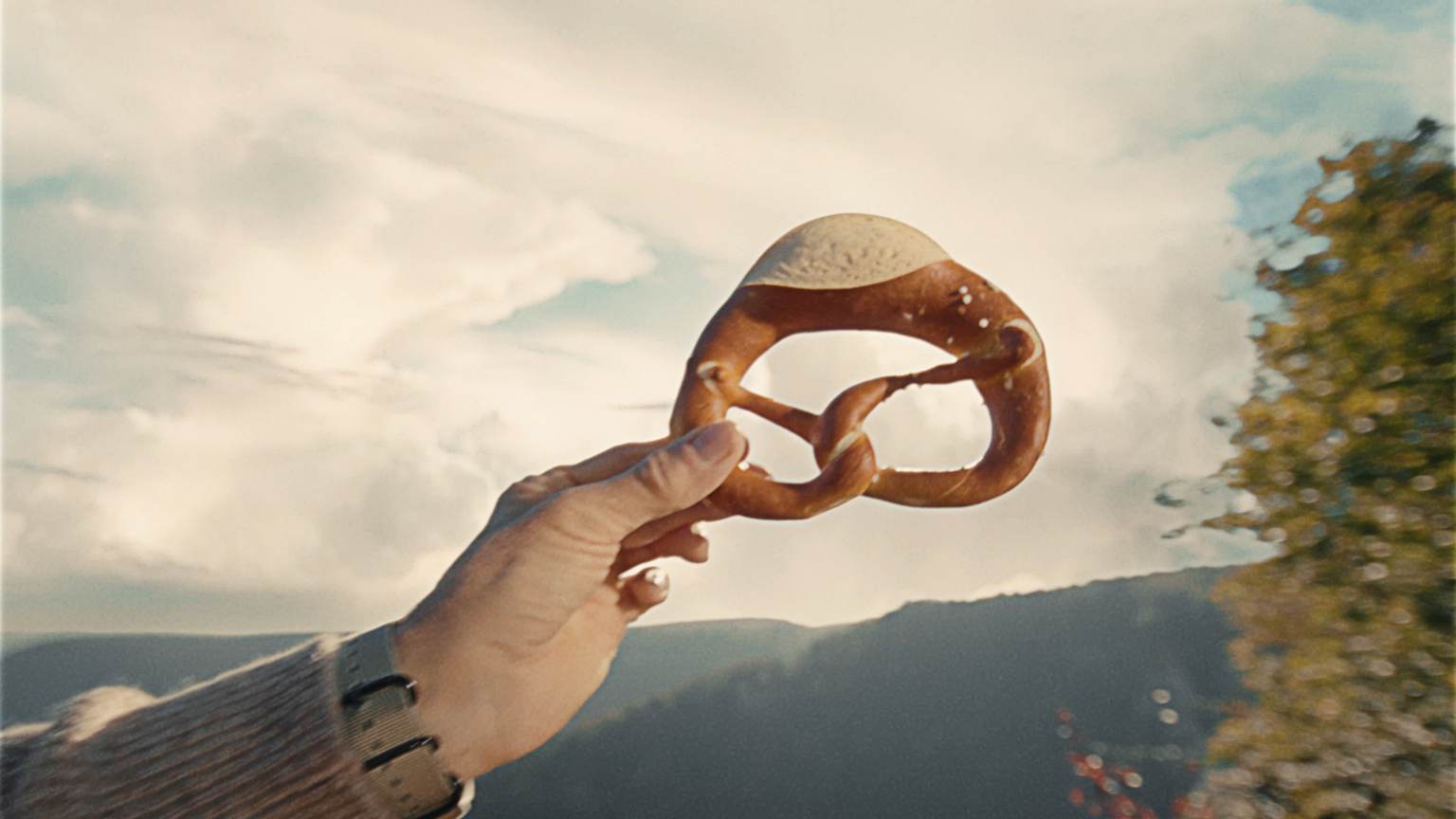 A Pretzel is being held up in front of the camera.