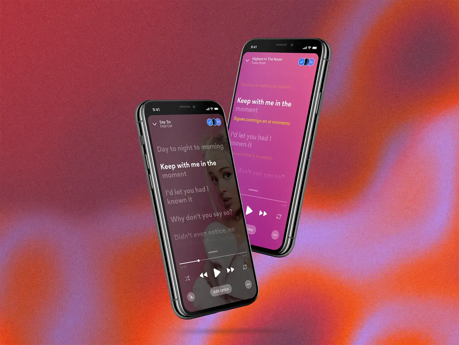Two phones showing the Musixmatch app lyrics music player interface synced with playing songs