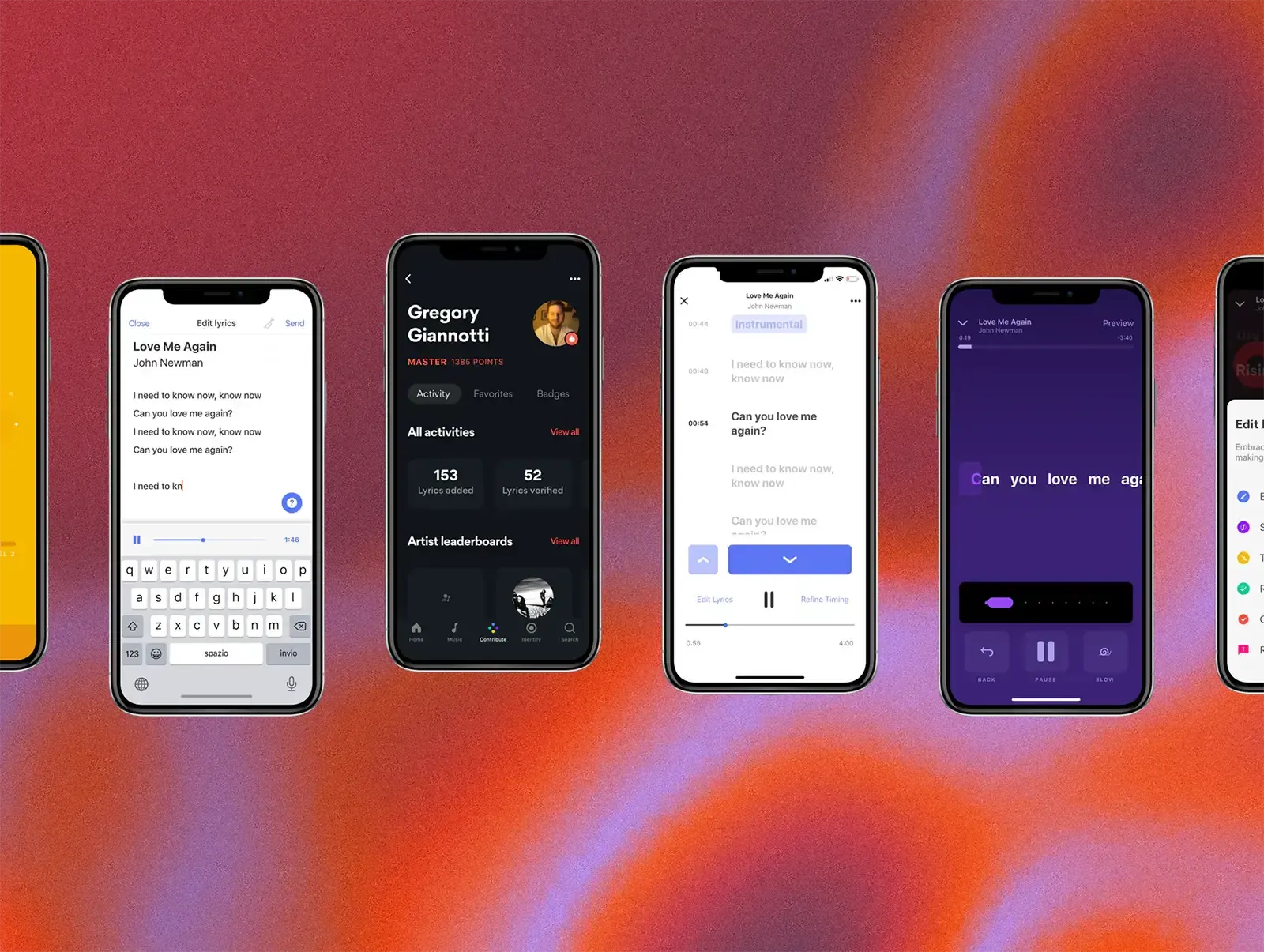 Three phones showing previews of the Musixmatch app UI including search, lyrics and discovery views