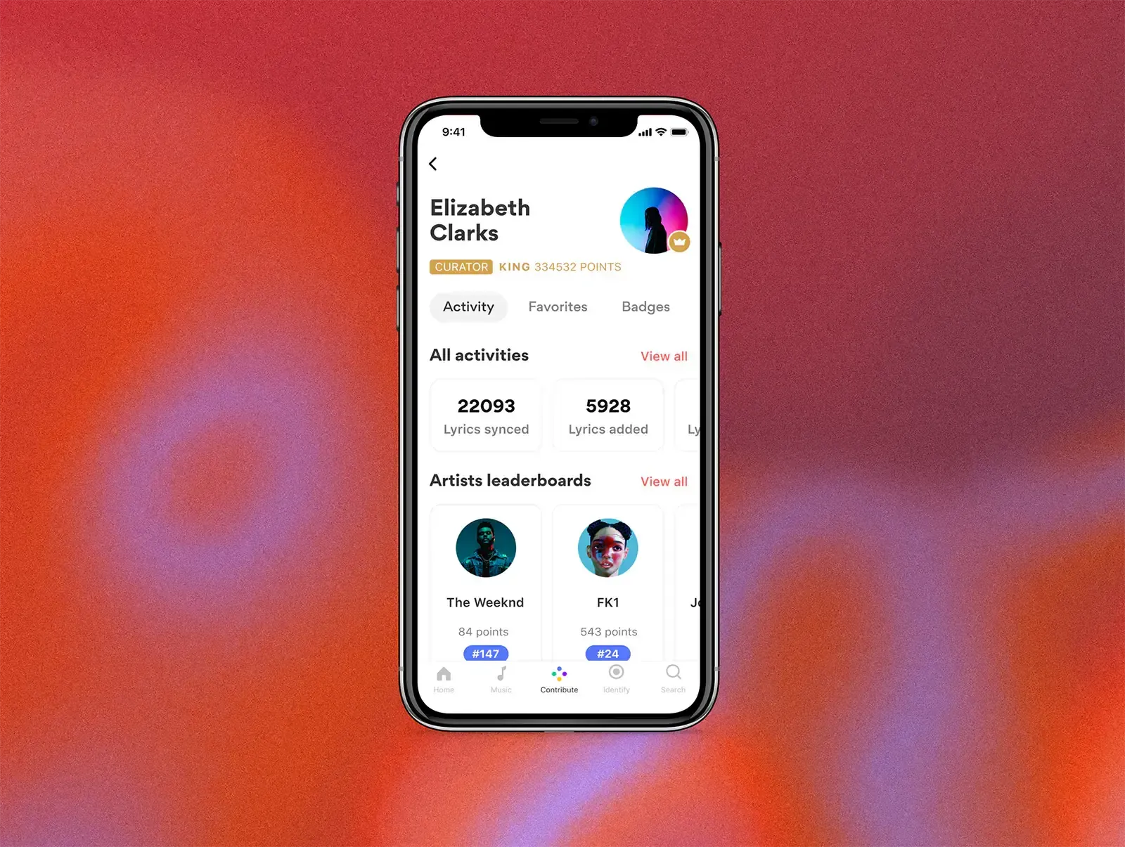 Phone showing the Musixmatch app user profile screen with personal lyrics listening stats over time