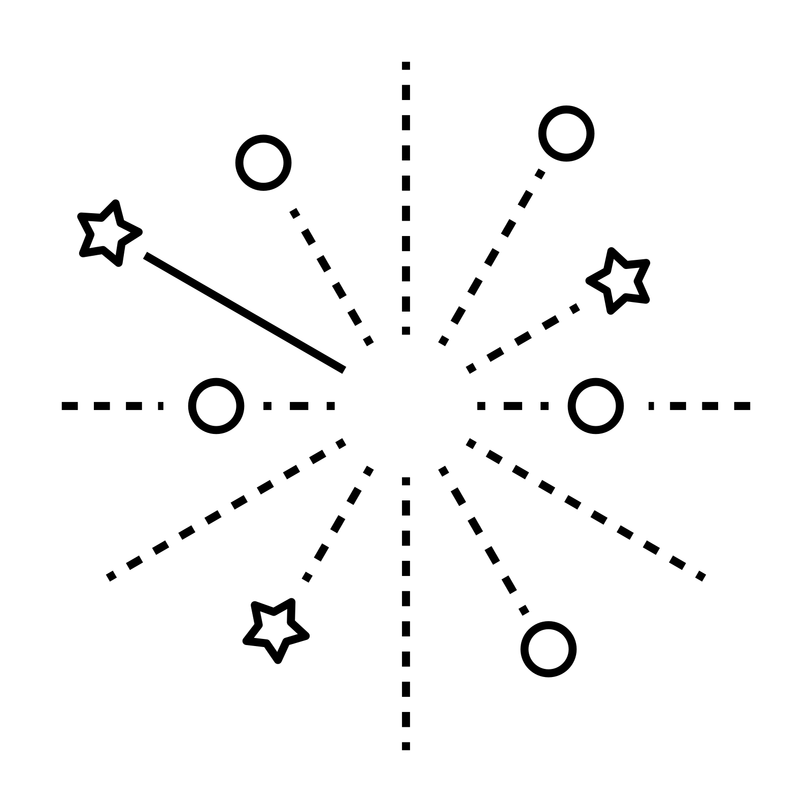 Line icon of a dashed starburst with stars and circles, representing activations and experiential