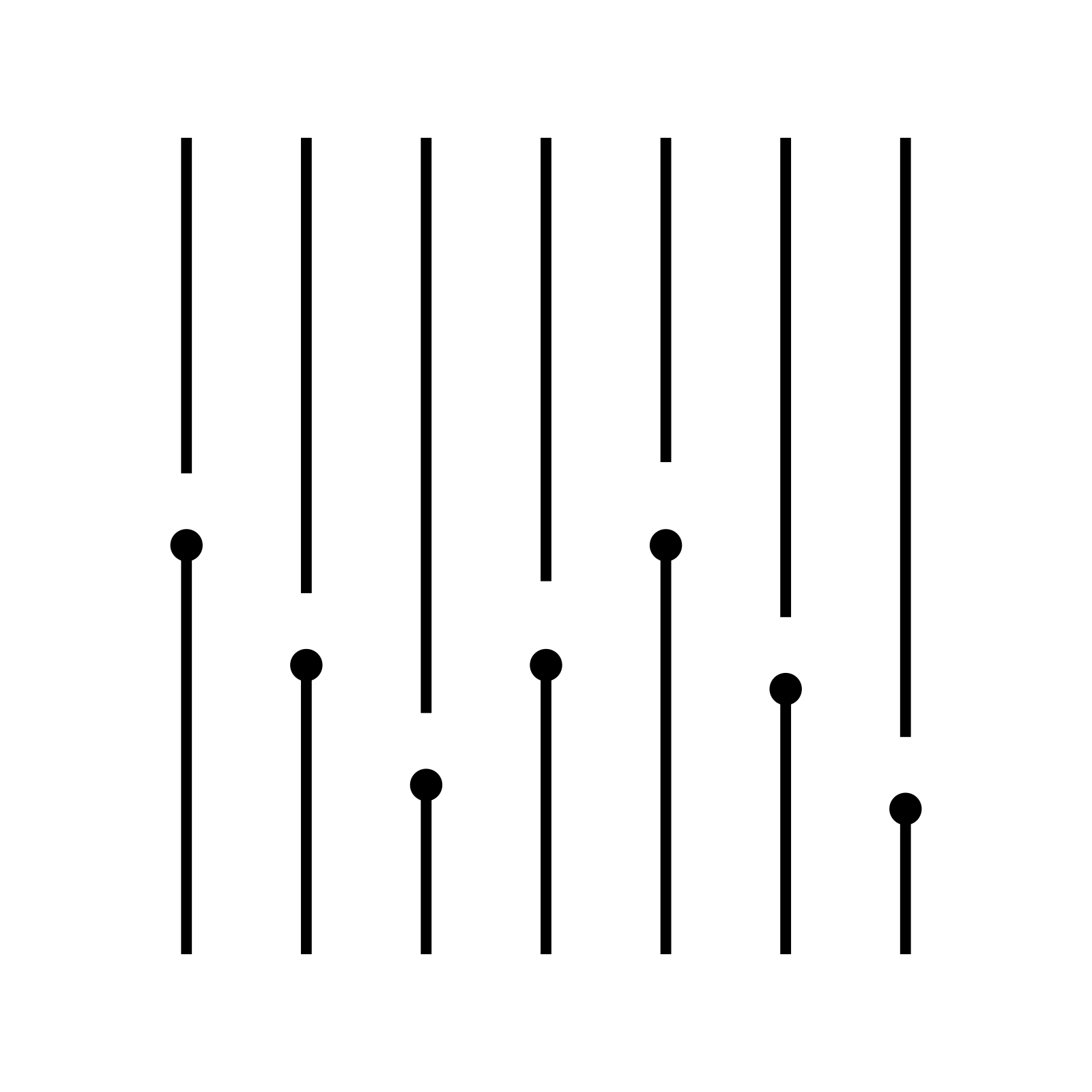Line icon of vertical fader lines with pins at different heights, representing composition and production