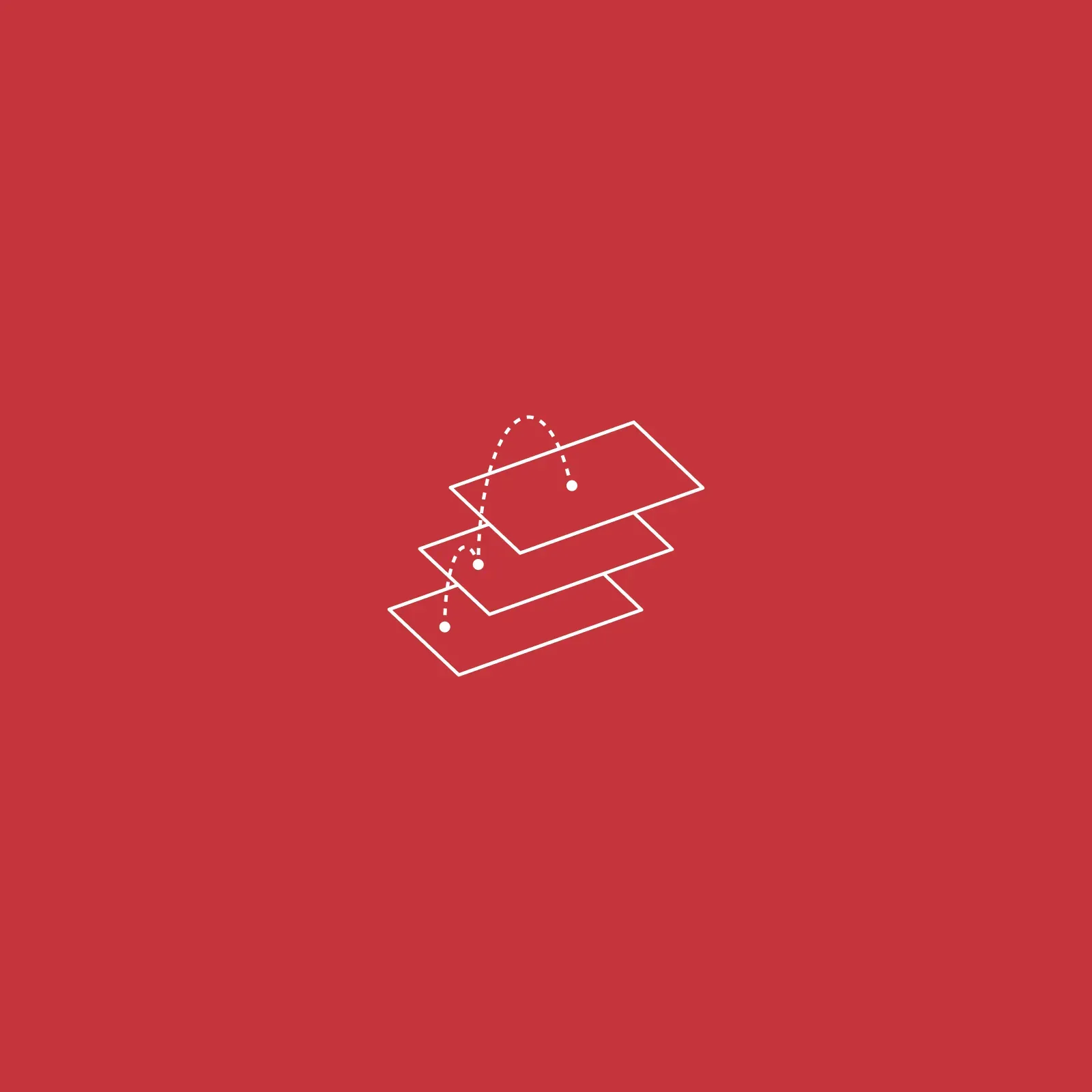 Line icon of stacked isometric planes linked by a dotted arc, representing strategy and planning
